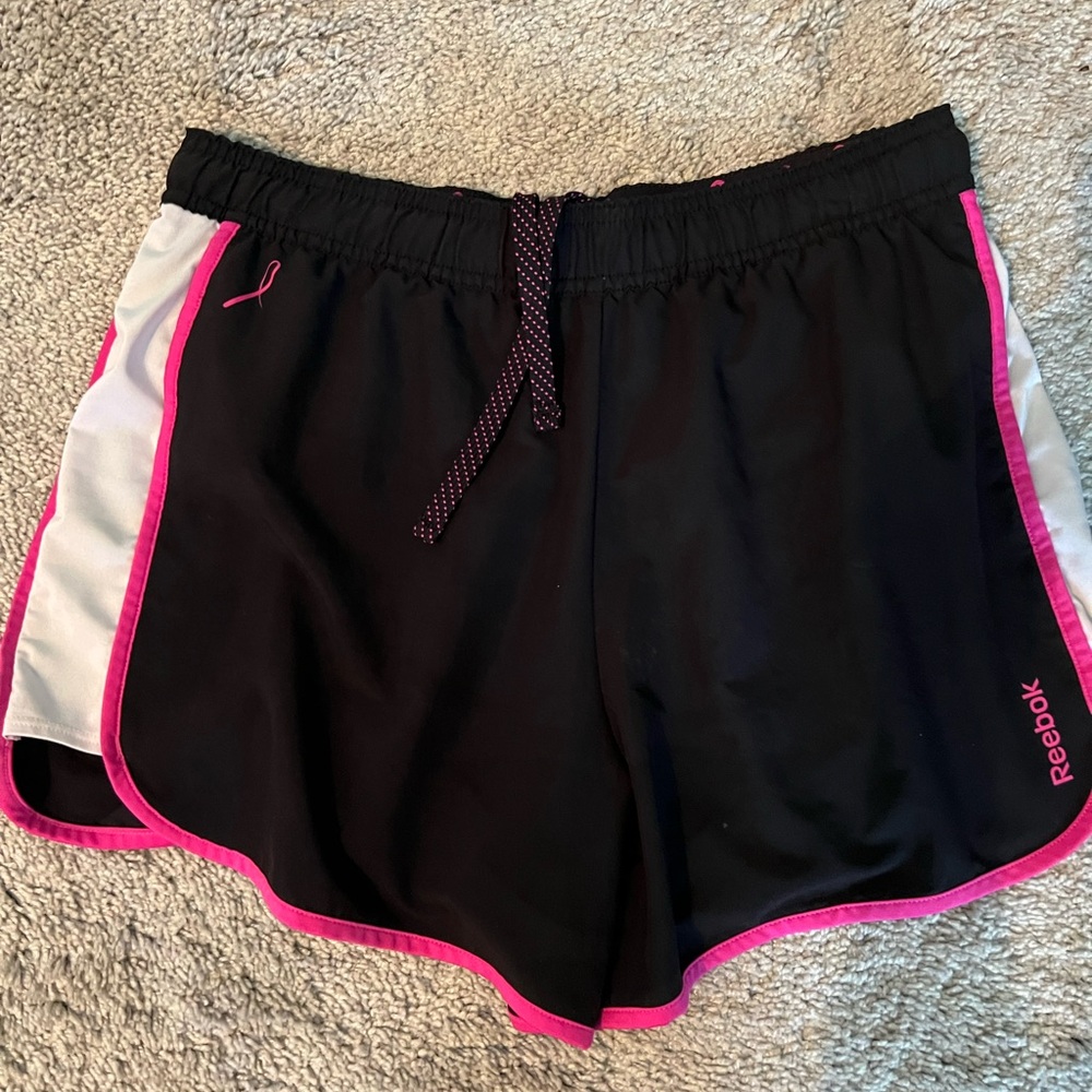Reebok Women's Black and White Shorts with Pink Trim - breast cancer awareness